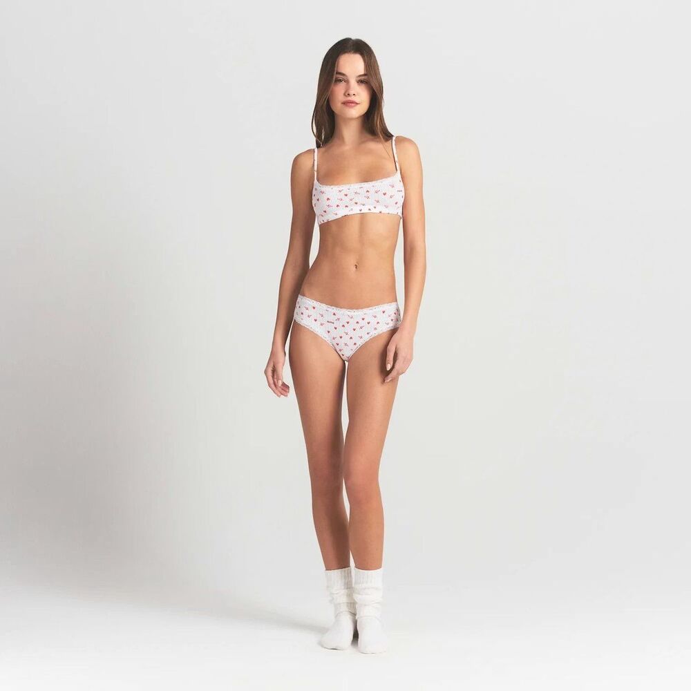 Skims Lightweight Cotton Pointelle Lace Brief Snow Arrowed Hearts Size Small